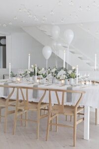 wedding decor rental Chicagobirthday party tablescape balloons grey gold white flatware votives tea light holders florals vases candle holders